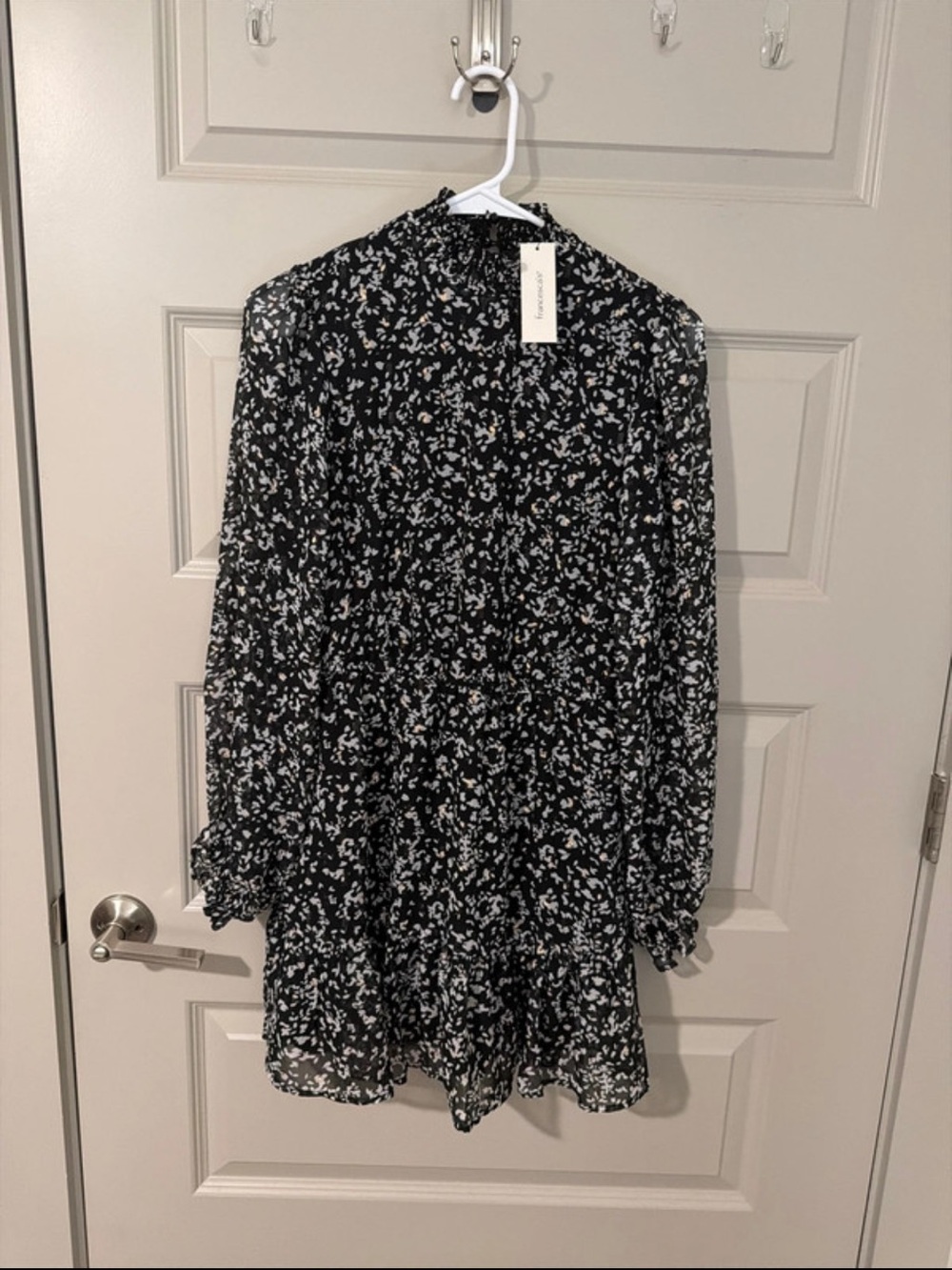 Francesca's Collections Black & White Floral High-Neck Long-Sleeve Tiered Dress